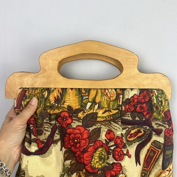 Vintage Sewing Knitting Crafting Bag Wooden Handle Novelty Fabric Old Fashion - Picture 11 of 16